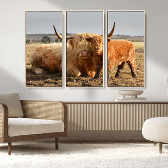 53461-MGV-FC-48X32-3P_Natural-Highland Cow Family Wall Art – Rustic Farmhouse Animal Canvas Print, Country Decor for Living Room, Bedroom or Office, Calf and