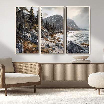 41281-MGV-CV-36X24-Rocky Shoreline Wall Art – Panoramic Mountain Coast and Forest Canvas Print, Rustic Nature Landscape Decor for Cabin, Lodge, or