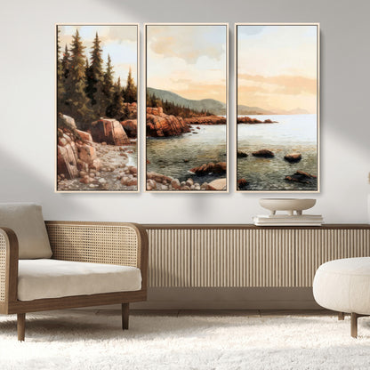 77145-MGV-CV-36X24-Coastal Landscape Wall Art – Panoramic Rocky Shoreline and Pine Trees Canvas Print, Rustic Nature Decor for Cabin, Lodge, Office,