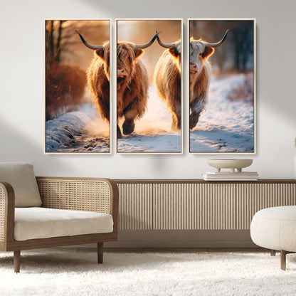 94810-MGV-FC-48X32-3P_Natural-Highland Cow Wall Art – Rustic Canvas Print Two Cattle Snow Path Sunset, Farmhouse Country Decor for Living Room, Bedroom, Office,