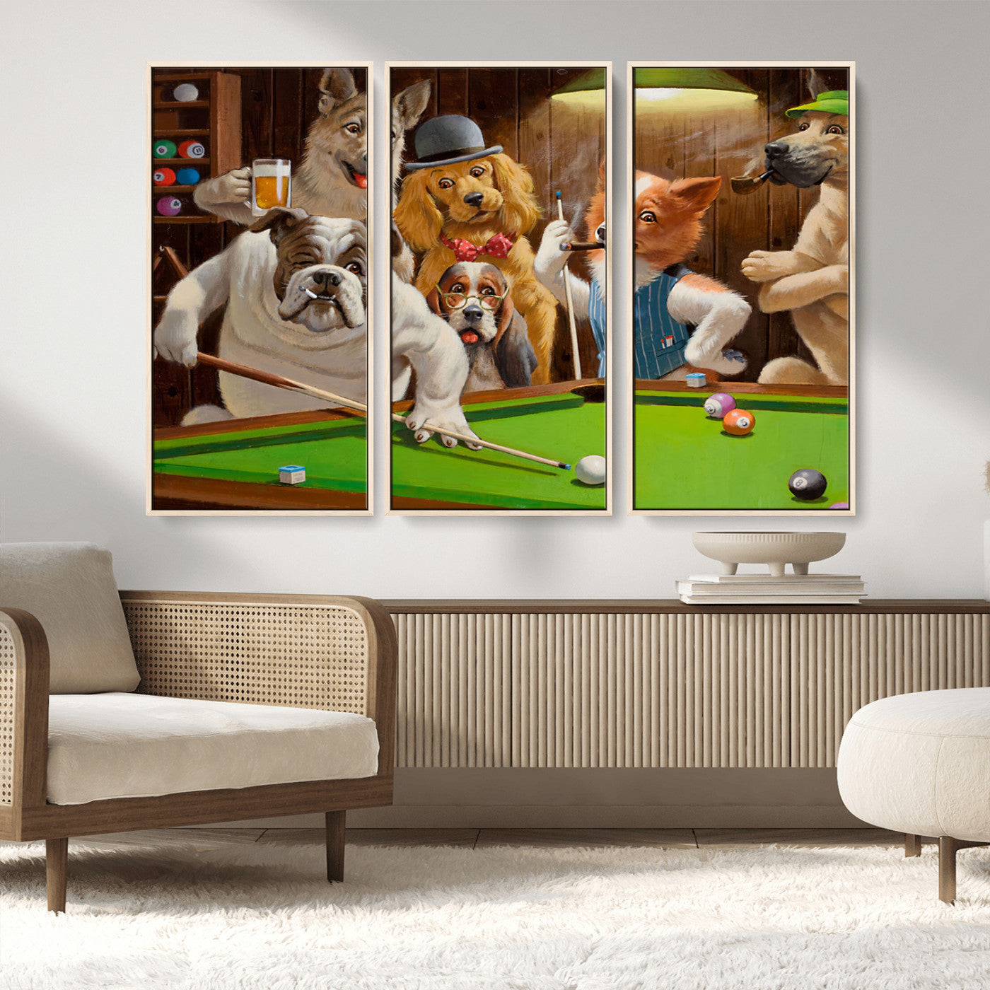 34228-MGV-FC-48X32-3P_Natural-Dogs Playing Pool Wall Art Canvas Print, Framed Funny Dog Art Picture Print, Dog Perfect Game Room Decor Artwork