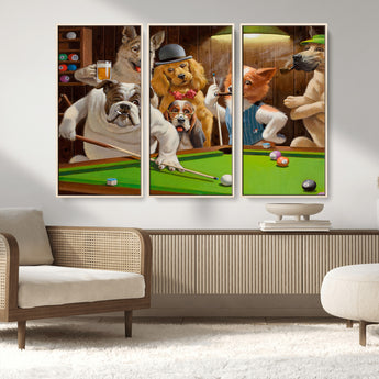 34228-MGV-FC-48X32-3P_Natural-Dogs Playing Pool Wall Art Canvas Print, Framed Funny Dog Art Picture Print, Dog Perfect Game Room Decor Artwork