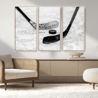 82900-MGV-CV-36X24-Hockey Wall Art – Black and White Canvas Print Ice Rink Sticks Puck Sports Photography, Modern Decor for Game Room, Man Cave,