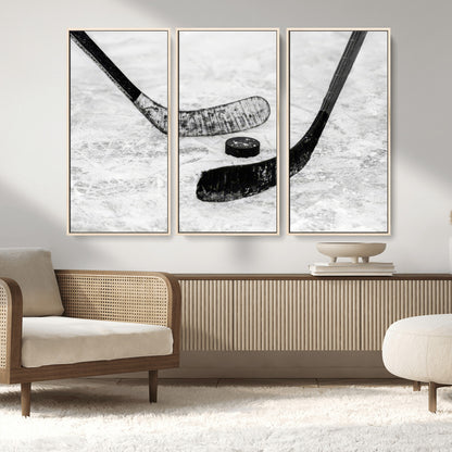 82900-MGV-CV-36X24-Hockey Wall Art – Black and White Canvas Print Ice Rink Sticks Puck Sports Photography, Modern Decor for Game Room, Man Cave,