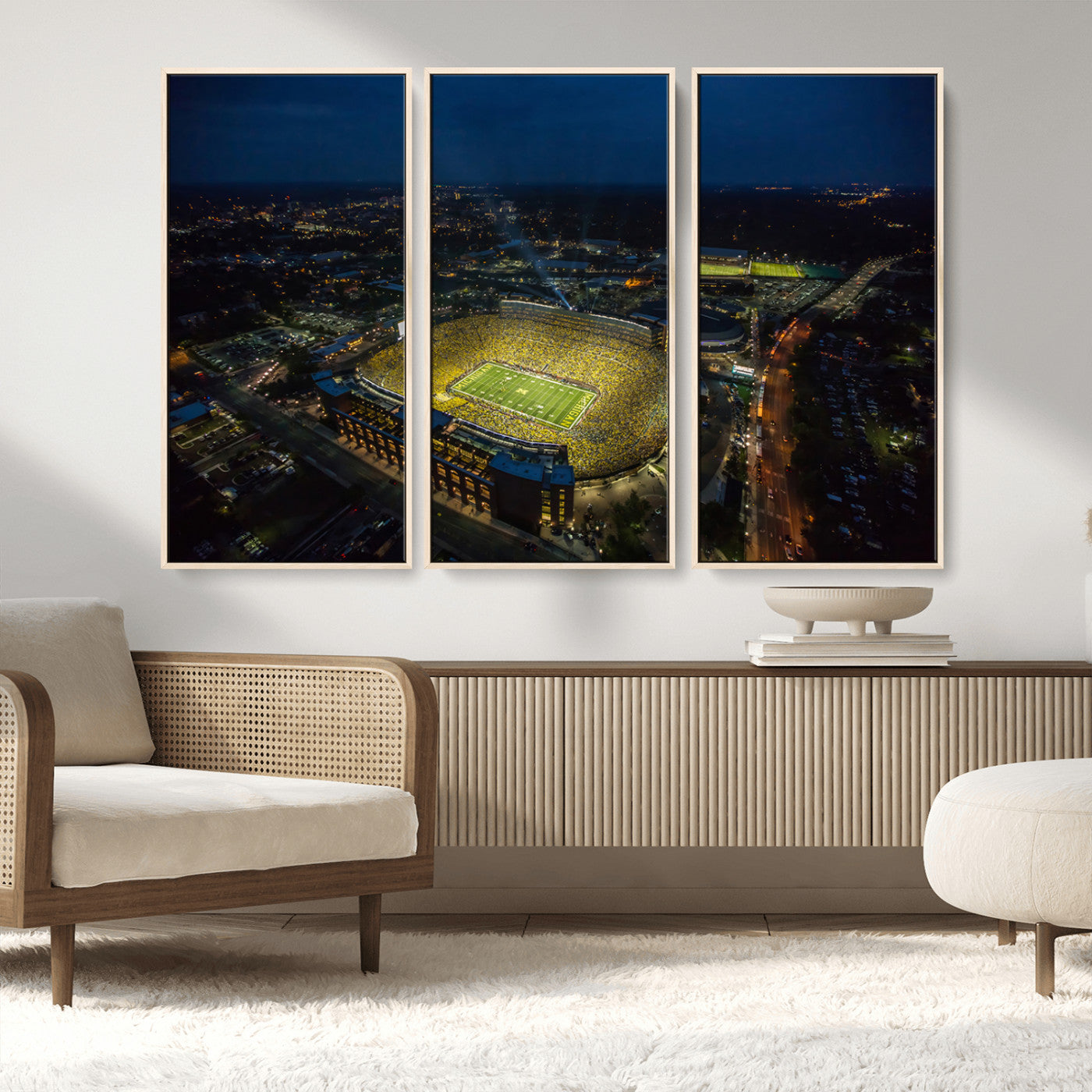 33588-MGV-CV-36X24-Football Stadium Wall Art – Aerial Night Game Canvas Print Packed Field City Lights, Sports Photography Decor for Game Room, Man