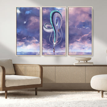 66864-MGV-CV-36X24-Fantasy Dragon Wall Art – Mystical Canvas Print Girl and Sky Serpent Dreamlike Clouds, Magical Anime Inspired Decor for Living