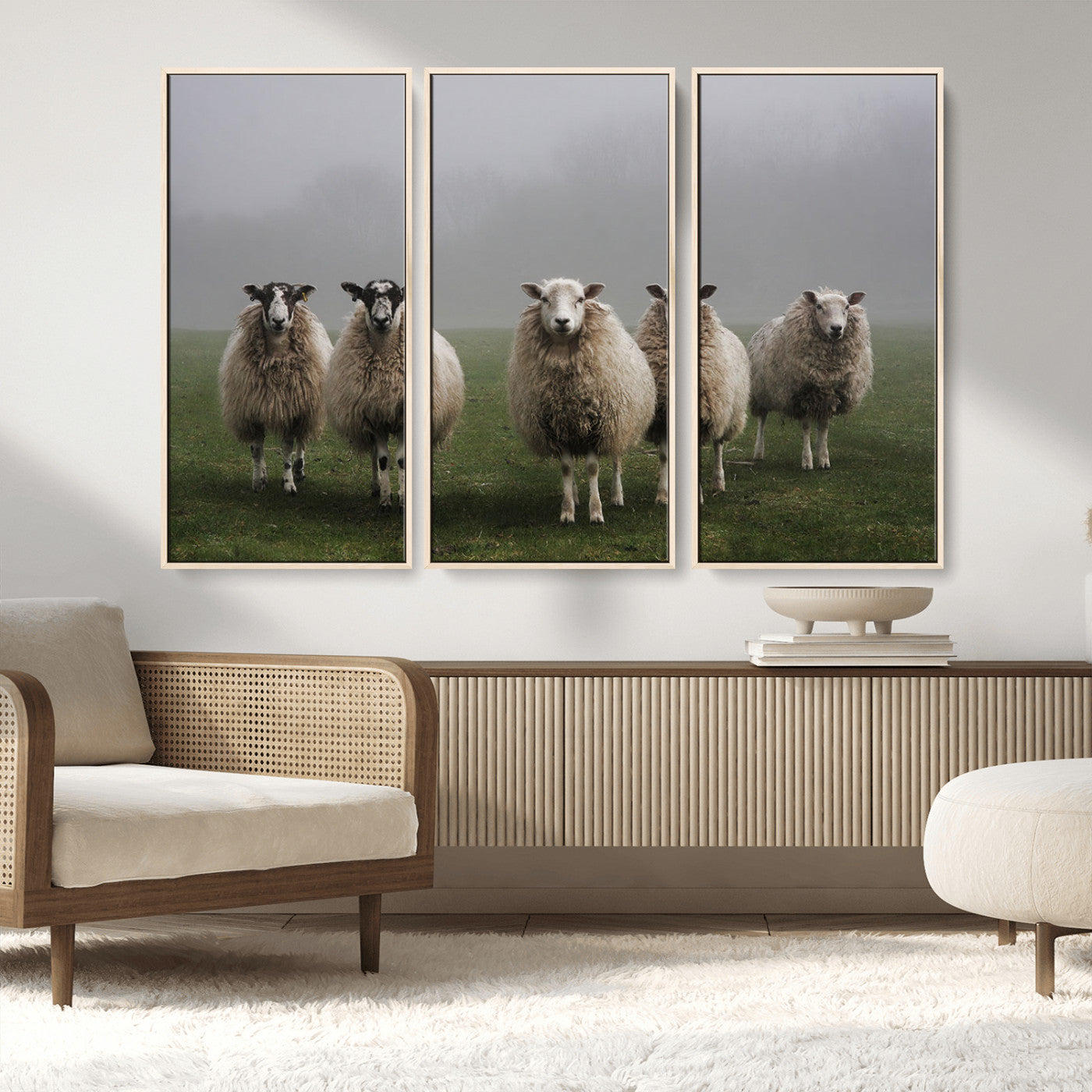 87339-MGV-CV-36X24-Sheep Wall Art – Rustic Farmhouse Canvas Print Flock Standing Misty Field Countryside Photography, Country Animal Decor for Living