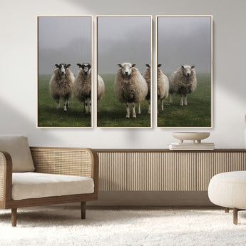 87339-MGV-CV-36X24-Sheep Wall Art – Rustic Farmhouse Canvas Print Flock Standing Misty Field Countryside Photography, Country Animal Decor for Living