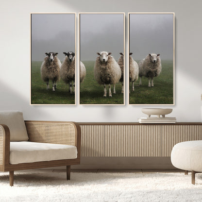 87339-MGV-CV-36X24-Sheep Wall Art – Rustic Farmhouse Canvas Print Flock Standing Misty Field Countryside Photography, Country Animal Decor for Living