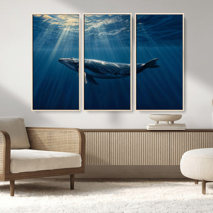 18052-MGV-CV-36X24-Whale Wall Art – Majestic Ocean Canvas Print Marine Life Underwater Sunlight Scene, Nautical Coastal Decor for Living Room,