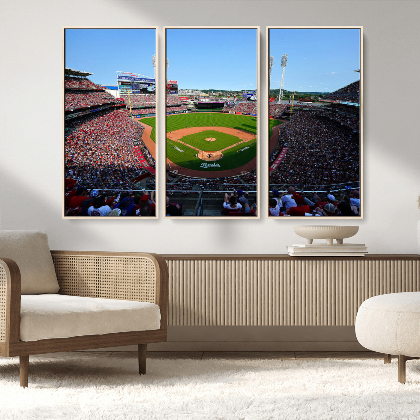 90998-MGV-FC-48X32-3P_Natural-Baseball Stadium Wall Art – Canvas Print Day Game Field Packed Crowd Bright Blue Sky Sports Photography, Classic Decor for Game