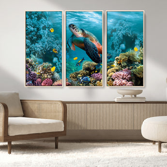 38661-MGV-FC-48X32-3P_Natural-Sea Turtle Wall Art Canvas Print, Framed Ocean Wildlife Art Picture Print, Turtle Perfect Coastal Nature Decor Artwork