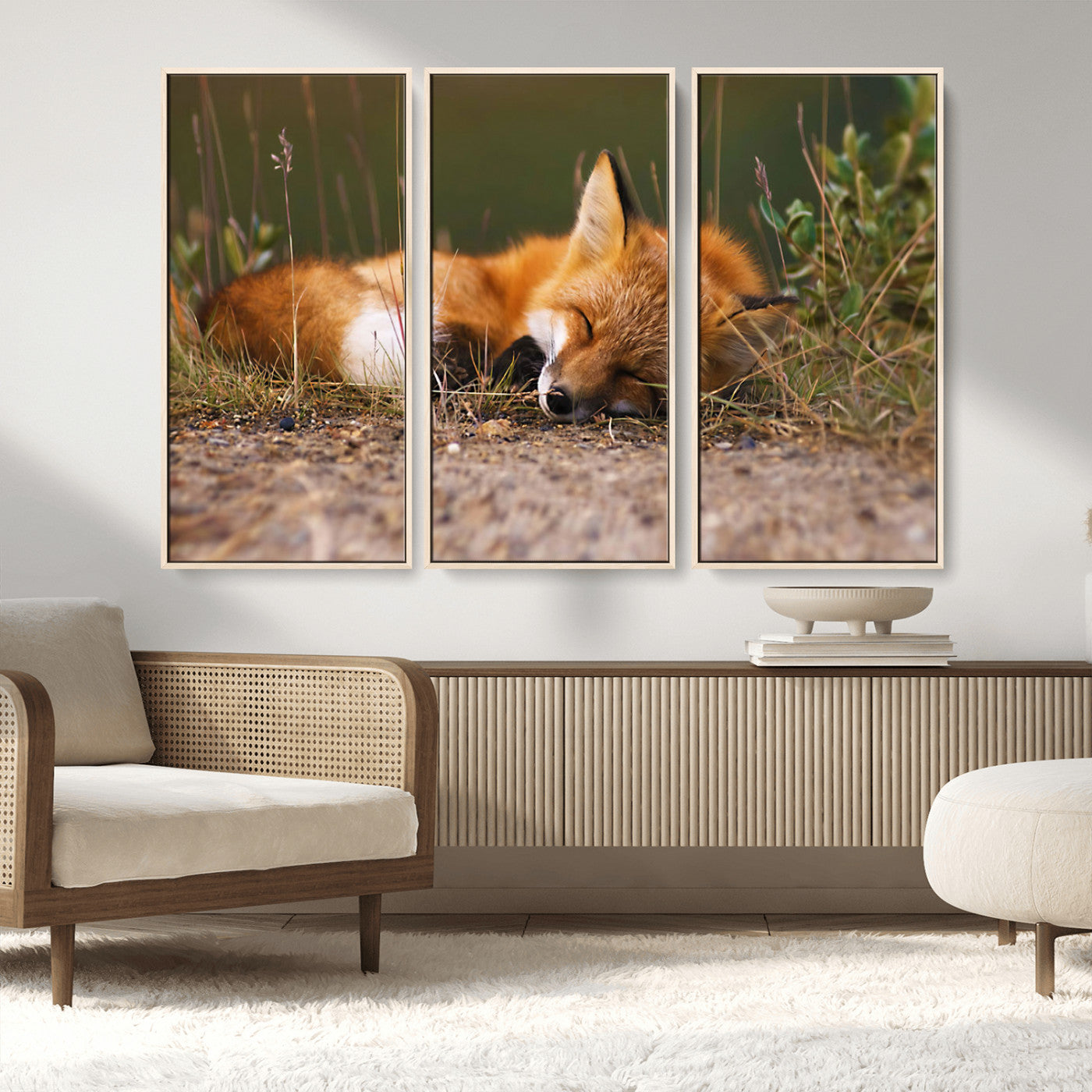 25085-MGV-FC-48X32-3P_Natural-Sleeping Fox Wall Art Canvas Print, Framed Rustic Fox Art Picture Print, Wildlife Animal Perfect Rustic Farmhouse Decor Artwork