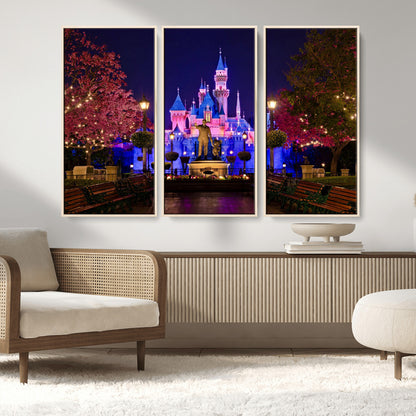 79435-MGV-FC-48X32-3P_Natural-Disney Castle Wall Art Canvas Print, Framed Magic Kingdom Art Picture Print, Disney World Perfect Child Room Decor Artwork