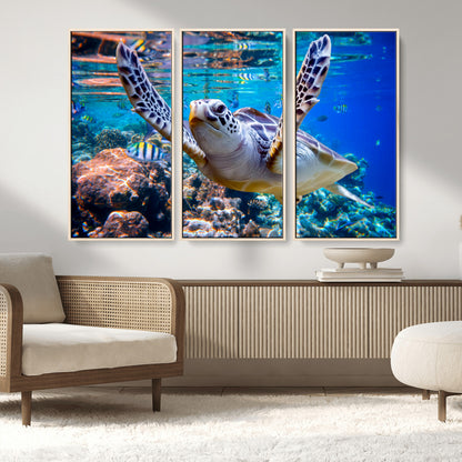 12683-MGV-CV-36X24-Sea Turtle Wall Art – Graceful Ocean Canvas Print with Coral Reef and Tropical Fish, Coastal Marine Life Decor for Beach House,