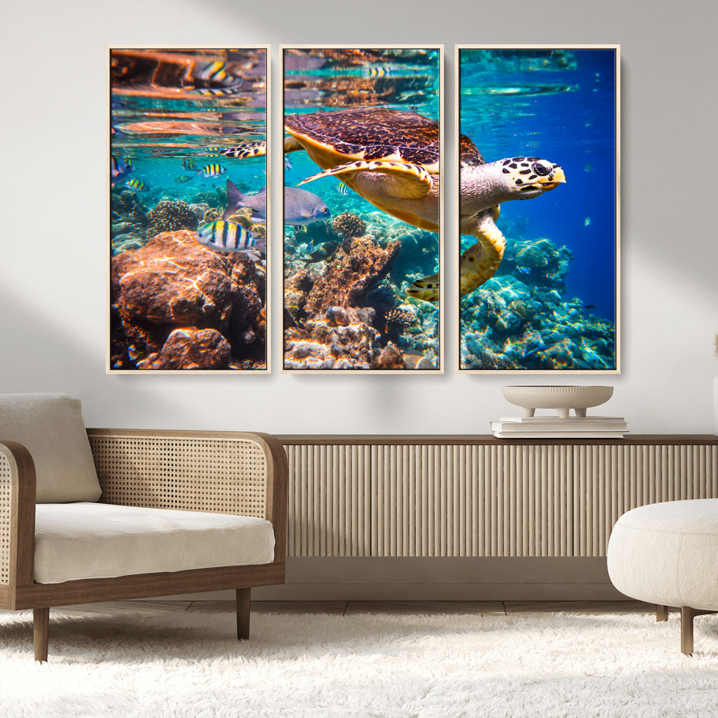 66614-MGV-FC-48X32-3P_Natural-Sea Turtle Wall Art – Hawksbill Turtle Swimming Over Coral Reef Canvas Print, Ocean Marine Life Decor for Beach House, Coastal