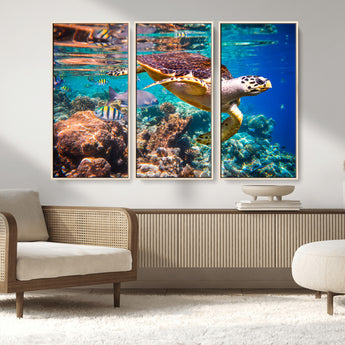 66614-MGV-FC-48X32-3P_Natural-Sea Turtle Wall Art – Hawksbill Turtle Swimming Over Coral Reef Canvas Print, Ocean Marine Life Decor for Beach House, Coastal