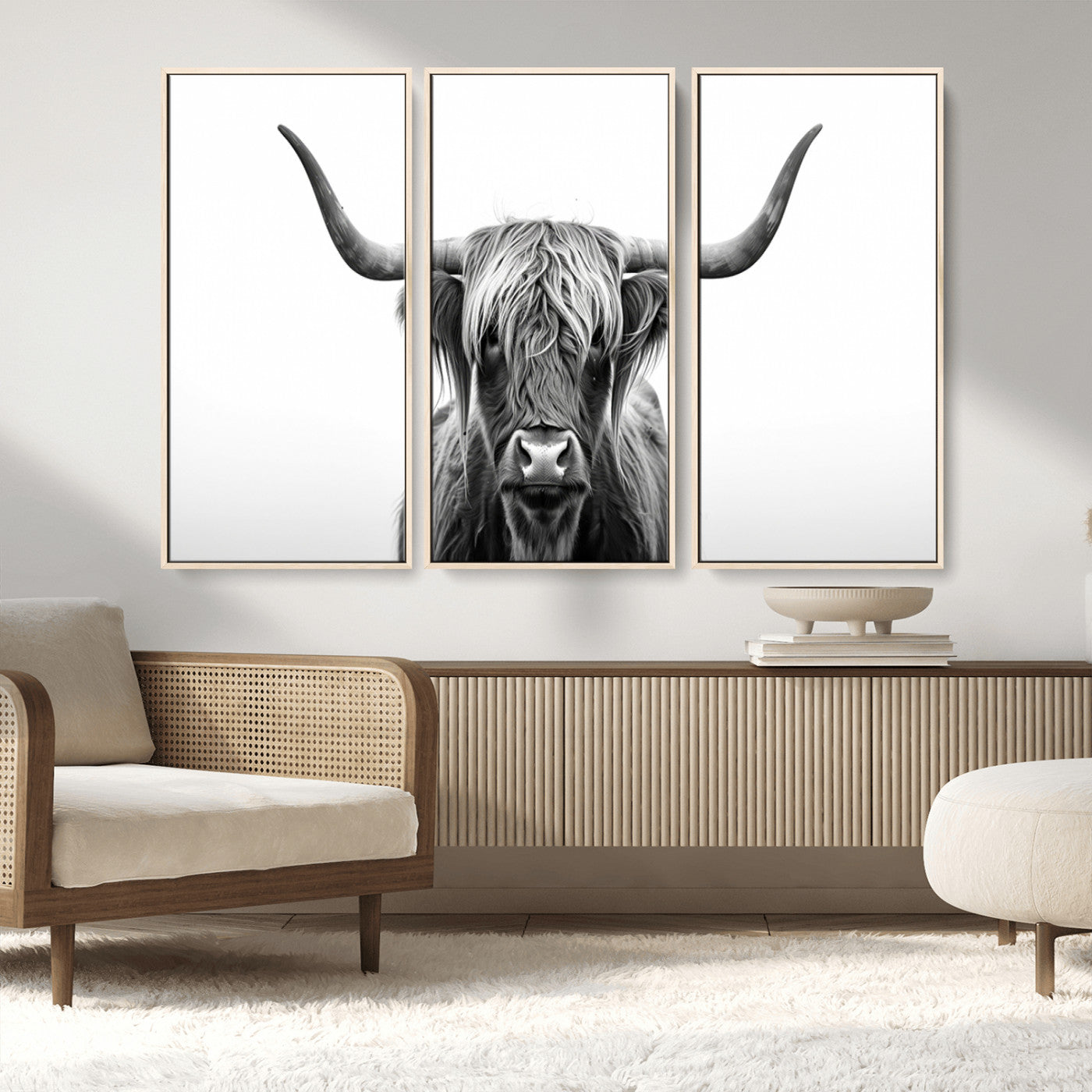 49556-MGV-CV-36X24-Highland Cow Wall Art – Black and White Scottish Highland Cattle Print, Rustic Farmhouse Minimalist Animal Portrait Canvas for