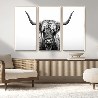 49556-MGV-CV-36X24-Highland Cow Wall Art – Black and White Scottish Highland Cattle Print, Rustic Farmhouse Minimalist Animal Portrait Canvas for