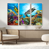 44772-MGV-FC-48X32-3P_Natural-Underwater Sea Turtle Wall Art – Vibrant Coral Reef and Tropical Fish Canvas Print, Ocean Marine Life Decor for Living Room,