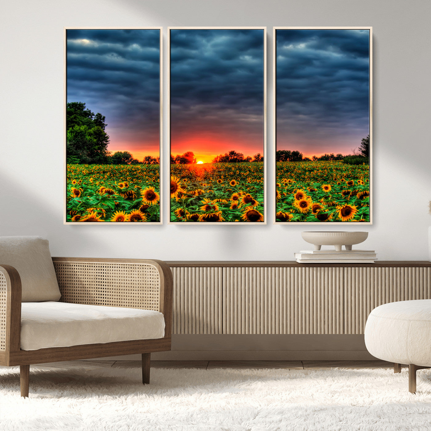 45045-MGV-CV-36X24-Sunflower Field Sunset Wall Art – Dramatic Stormy Sky Landscape Print, Vibrant Yellow Floral Nature Canvas for Living Room,