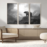 49504-MGV-CV-36X24-Black and White Grizzly Bear Wall Art – Wilderness Wildlife Painting, Rustic Mountain Cabin Decor, Monochrome Animal Print for