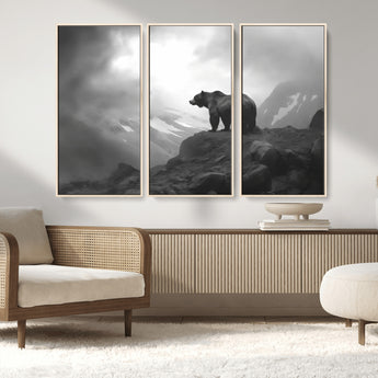 49504-MGV-CV-36X24-Black and White Grizzly Bear Wall Art – Wilderness Wildlife Painting, Rustic Mountain Cabin Decor, Monochrome Animal Print for