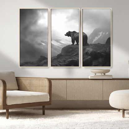 49504-MGV-CV-36X24-Black and White Grizzly Bear Wall Art – Wilderness Wildlife Painting, Rustic Mountain Cabin Decor, Monochrome Animal Print for