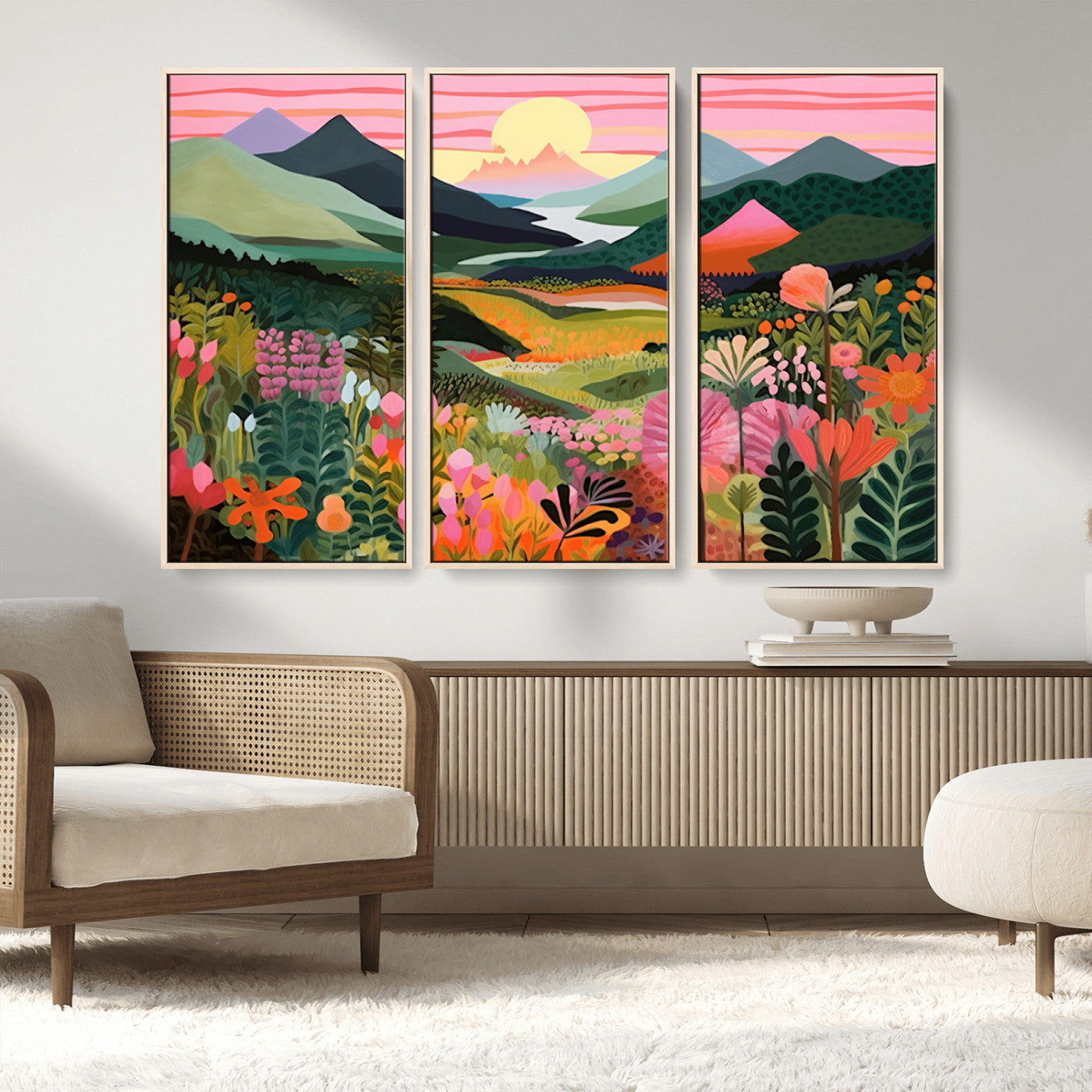99638-MGV-FC-48X32-3P_Natural-Sunset Meadow Wall Art – Panoramic Mountain Landscape with Wildflowers Canvas Print, Vibrant Nature Decor for Living Room, Bedroom