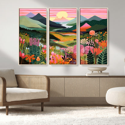 99638-MGV-FC-48X32-3P_Natural-Sunset Meadow Wall Art – Panoramic Mountain Landscape with Wildflowers Canvas Print, Vibrant Nature Decor for Living Room, Bedroom