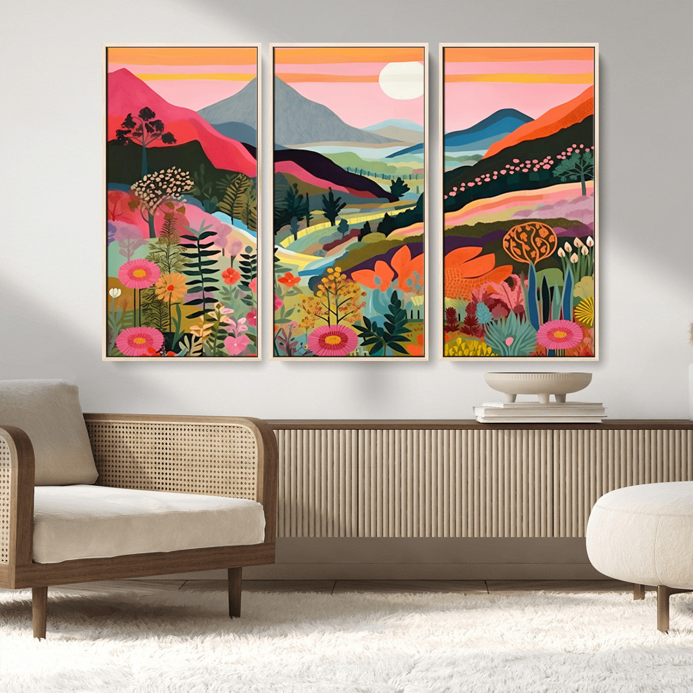 61376-MGV-FC-48X32-3P_Natural-Floral Valley Wall Art – Panoramic Mountain Landscape Canvas Print, Vibrant Nature Decor for Living Room, Office, or Bedroom