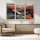49228-MGV-FC-93X47-3P_Black-Kusama Wall Art – Vibrant Japanese Landscape Canvas Print, Modern Abstract Mountain and River Decor for Living Room, Office or Art