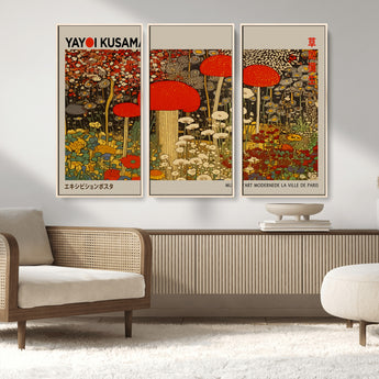38013-MGV-FC-48X32-3P_Natural-Yayoi Kusama Inspired Mushroom Garden Wall Art – Whimsical Botanical Canvas Print, Surreal Nature Poster, Fantasy Floral Artwork