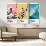 Katsushika-MGV-FC-48X32-3P_Natural-Katsushika Hokusai Wall Art Set – The Great Wave, Hydrangea and Swallow, Fine Wind Canvas Prints, Japanese Ukiyo e Style Home and