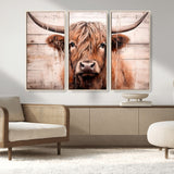 93730-MGV-FC-48X32-3P_Natural-Scottish Cow Wall Art Canvas Print, Framed Longhorn Cow Art Picture Print, Highland Cattle Perfect Rustic Farmhouse Decor Artwork