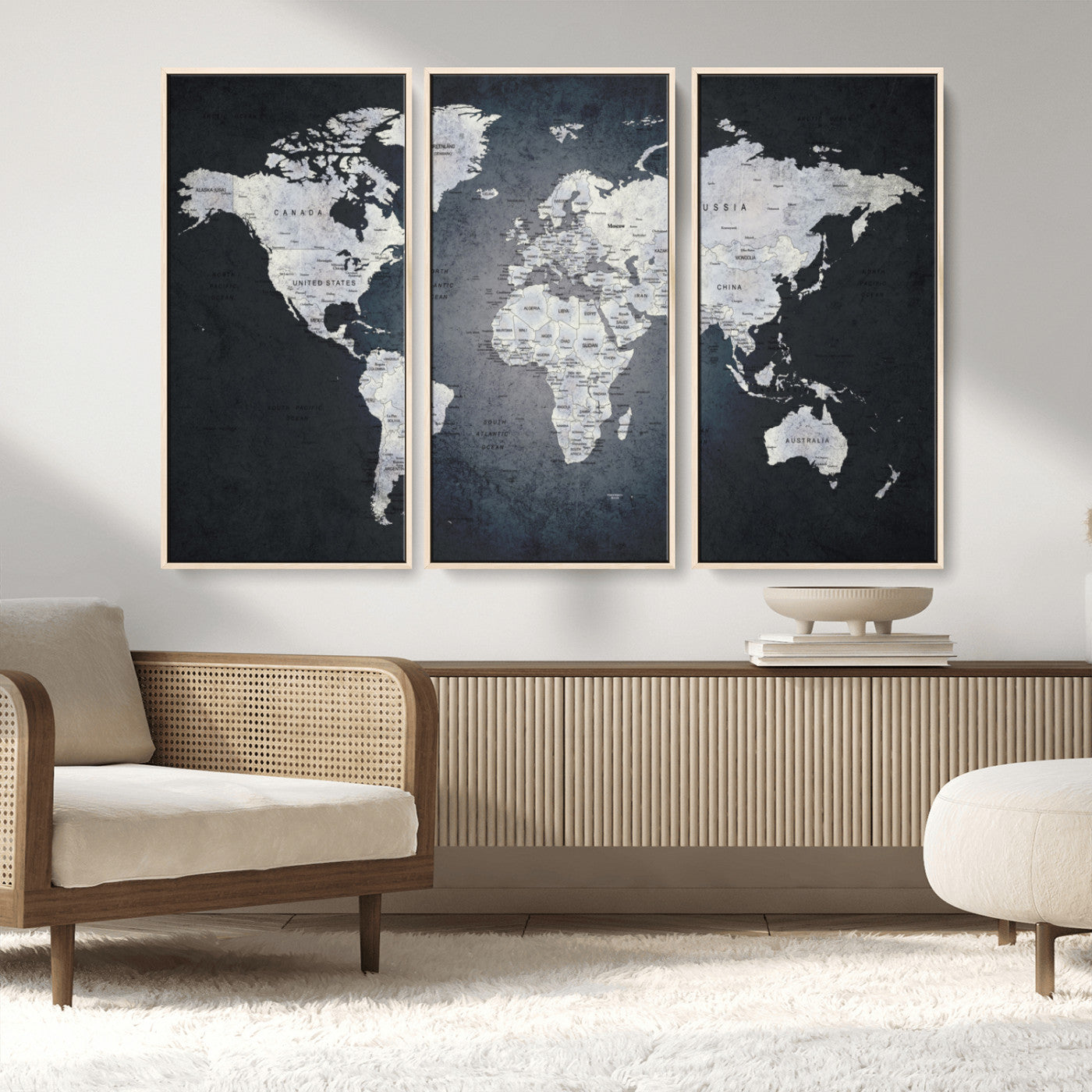 19124-MGV-FC-48X32-3P_Natural-Modern World Map Wall Art – Black and White Canvas Print, Minimalist Global Map Decor for Office, Study, Bedroom or Living Room