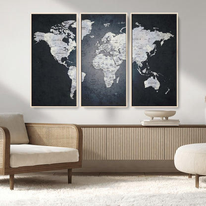 19124-MGV-FC-48X32-3P_Natural-Modern World Map Wall Art – Black and White Canvas Print, Minimalist Global Map Decor for Office, Study, Bedroom or Living Room