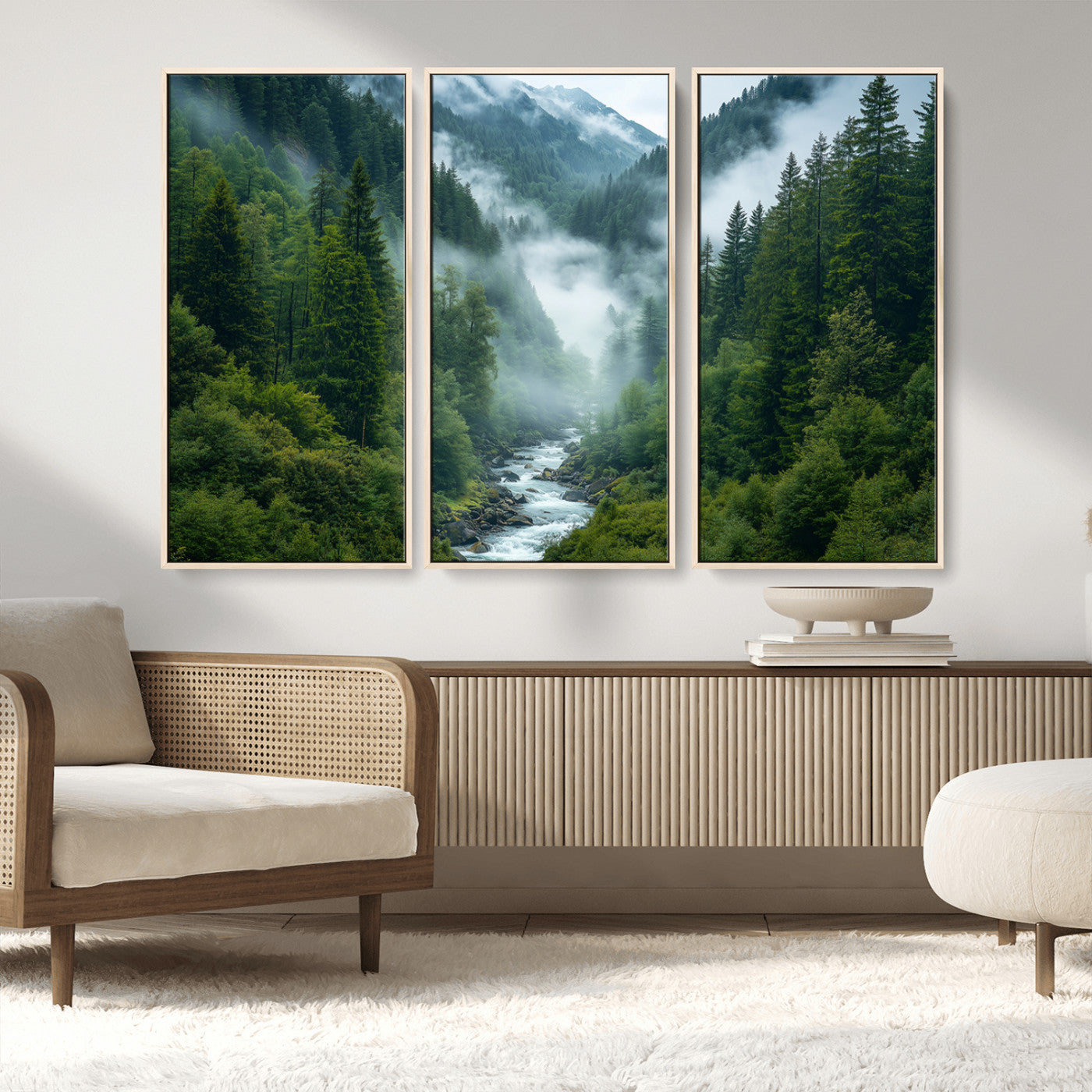 69453-MGV-FC-48X32-3P_Natural-Mountain Forest Wall Art – Misty River and Evergreen Landscape Canvas Print, Nature Photography Poster for Living Room, Bedroom,