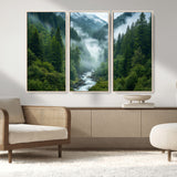 69453-MGV-FC-48X32-3P_Natural-Mountain Forest Wall Art – Misty River and Evergreen Landscape Canvas Print, Nature Photography Poster for Living Room, Bedroom,