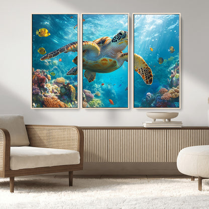 37623-MGV-CV-36X24-Sea Turtle Wall Art – Underwater Ocean Canvas Print with Coral Reef and Tropical Fish, Marine Life Painting Poster for Living