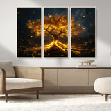 60194-MGV-FC-48X32-3P_Natural-Glowing Tree Wall Art – Golden Roots Fantasy Canvas Print, Mystical Illuminated Tree Painting Poster for Living Room, Bedroom,