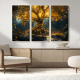 92739-MGV-CV-36X24-Glowing Tree Wall Art – Enchanted Golden Forest Canvas Print, Mystical Illuminated Nature Painting Poster for Living Room,