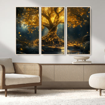 92739-MGV-CV-36X24-Glowing Tree Wall Art – Enchanted Golden Forest Canvas Print, Mystical Illuminated Nature Painting Poster for Living Room,