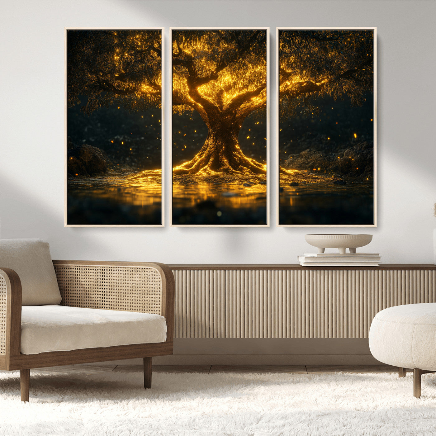 59580-MGV-FC-48X32-3P_Natural-Glowing Tree Wall Art – Golden Fantasy Nature Canvas Print, Mystical Illuminated Tree Painting Poster for Living Room, Bedroom,