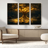 59580-MGV-FC-48X32-3P_Natural-Glowing Tree Wall Art – Golden Fantasy Nature Canvas Print, Mystical Illuminated Tree Painting Poster for Living Room, Bedroom,