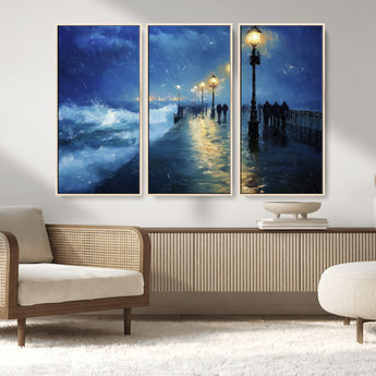 94571-MGV-FC-48X32-3P_Natural-Seaside Night Wall Art – Ocean Waves and Street Lamps Canvas Print, Rainy City Pier Oil Painting Poster for Living Room, Bedroom,