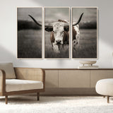 69238-MGV-FC-48X32-3P_Natural-Longhorn Bull Wall Art – Rustic Black and White Texas Cattle Canvas Print, Western Farmhouse Animal Photography for Living Room,
