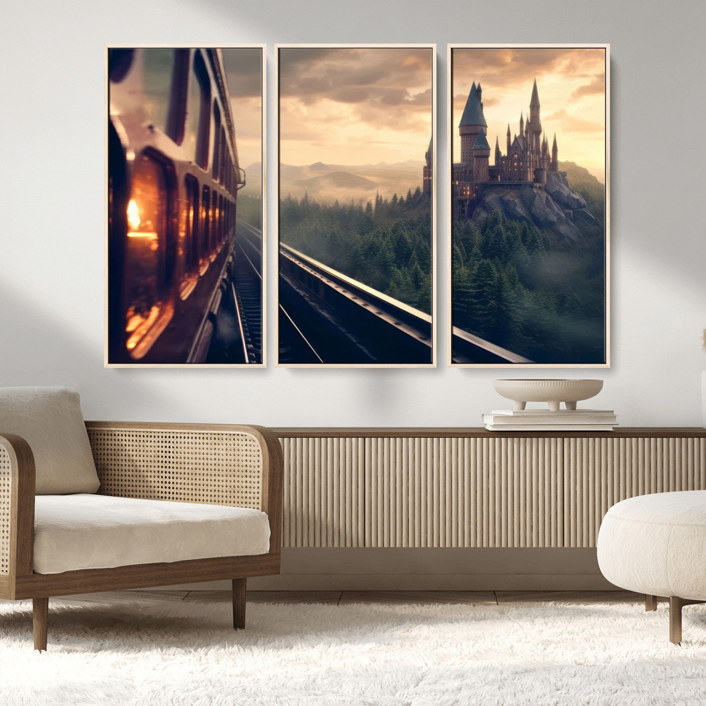 84029-MGV-CV-36X24-Fantasy Castle Wall Art – Magical Train Sunset Forest Canvas Print, Enchanted Landscape Painting Poster for Living Room, Bedroom,