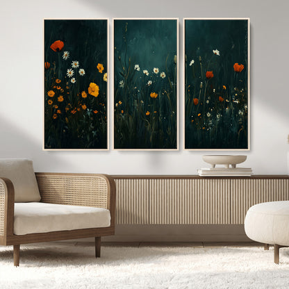 87037-MGV-CV-36X24-Wildflower Wall Art – Dark Botanical Floral Canvas Print, Modern Nature Painting Poster with Daisies Poppies Orange Flowers for