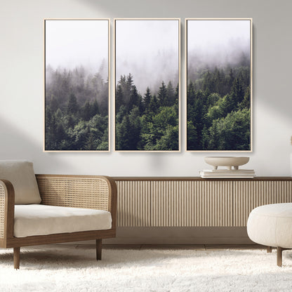42578900-MGV-FC-48X32-3P_Natural-Misty Pine Forest Wall Art – Tranquil Foggy Mountain Canvas Print, Nature Landscape Décor for Bedroom, Living Room, Cabin or
